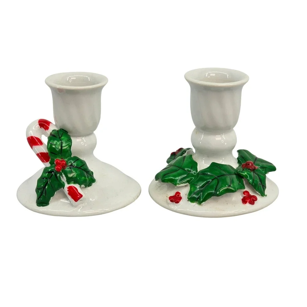 Vintage Christmas Ceramic Candle Holders Pair Holly Berry Candy Cane White 3in